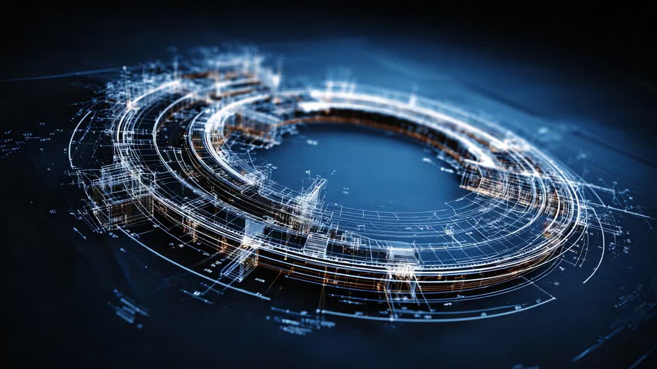 Futuristic Digital Interface with Circular Data Visualization, Featuring Neon Light Patterns and Intricate Circuitry for Advanced Technology Concepts