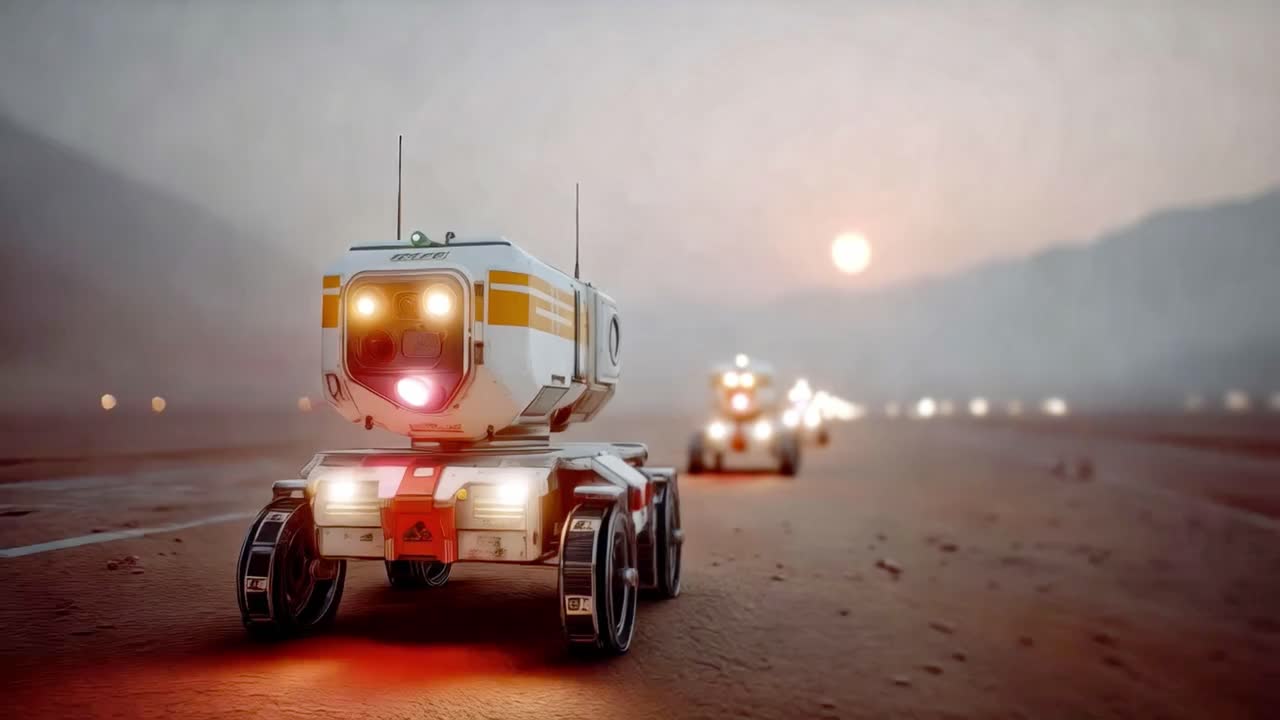 Mars rovers on a desert planet during sunrise