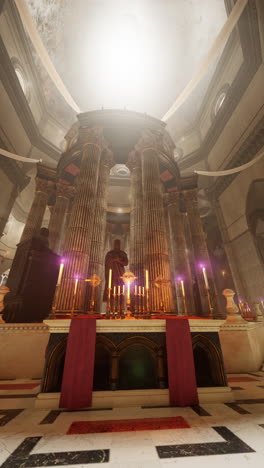 a stunning interior view of a church with an altar, candles, and columns.