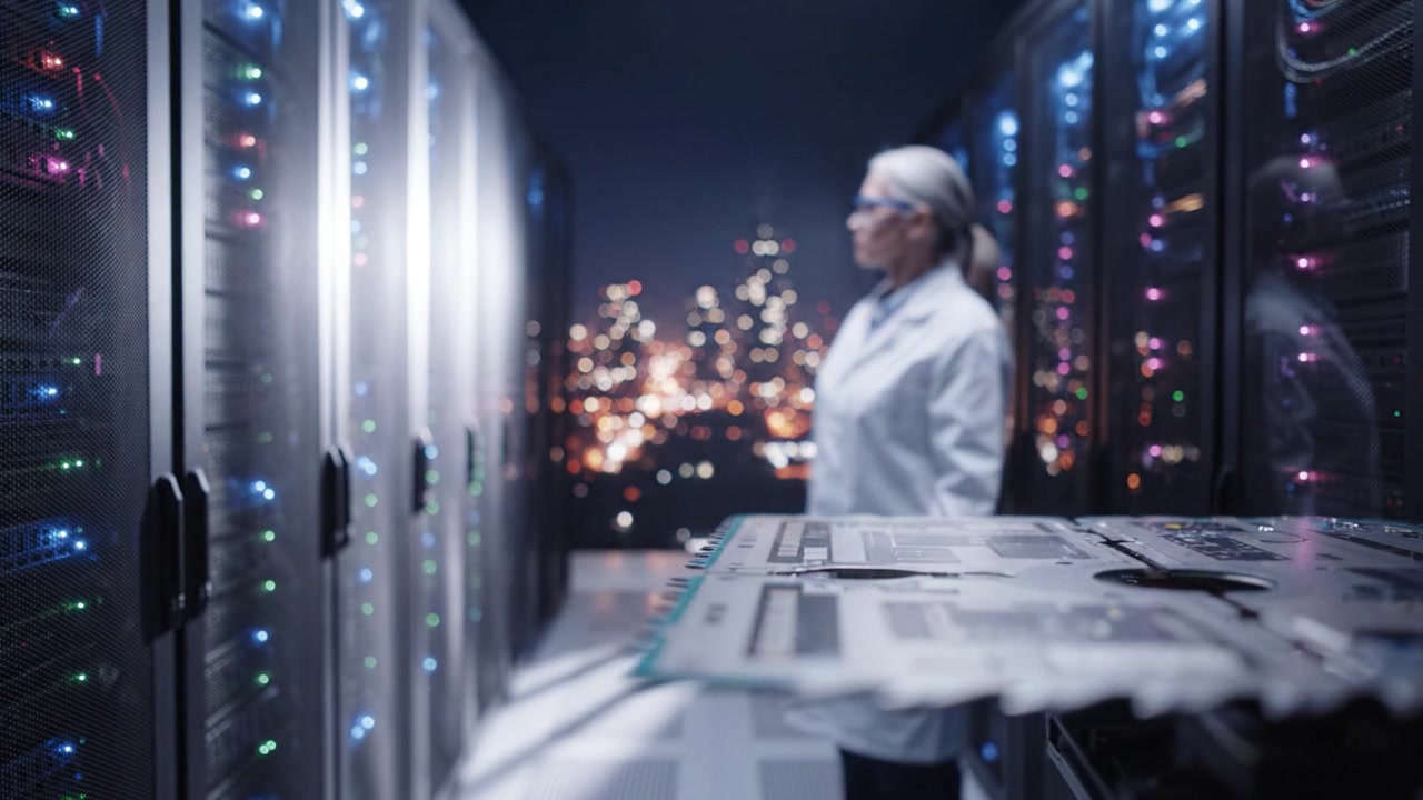 A technician examines advanced computing technology in a modern server room, showcasing intricate hardware and illuminated racks amidst a bustling city skyline.