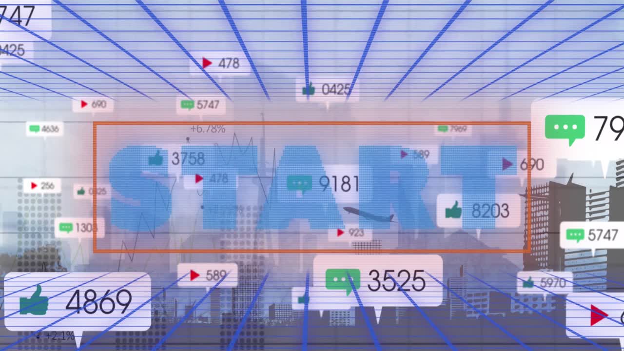 시내 풍경 위에서 성장하는 시작 텍스트와 숫자의 애니메이션