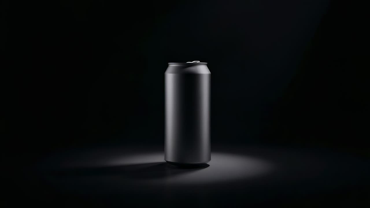 Spotlight appearing revealing matte black aluminum can standing on studio stage, with minimalism