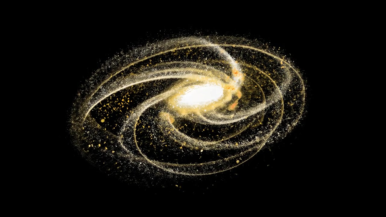 Rotating Spiral Galaxy with Glowing Golden Stars in Deep Space