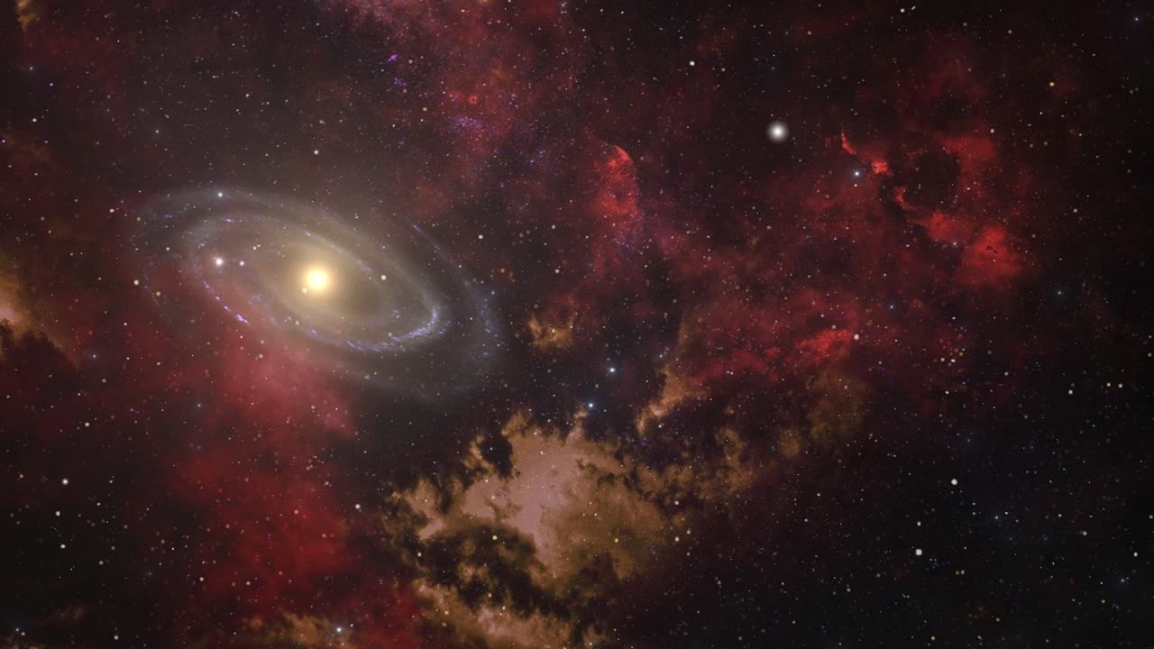 галактики и красные туманности движутся в космосе.