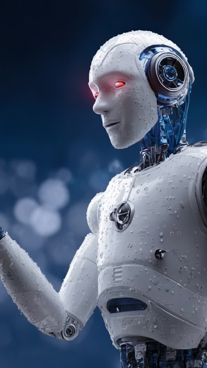 Robot futuristico con occhi rossi che mostra tecnologia e design avanzati, reso in uno stile di arte digitale incredibilmente realistico e dettagliato.