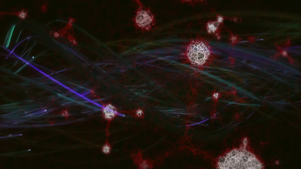 Animation of abstract digital particles and lines forming network on dark background