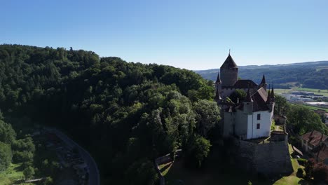 lucens switzerland historical heritage site medieval building aerial drone europe