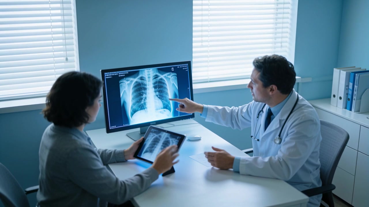 Pointing white-coat doctor explaining CXR on monitor while patient zooming tablet reviewing imaging