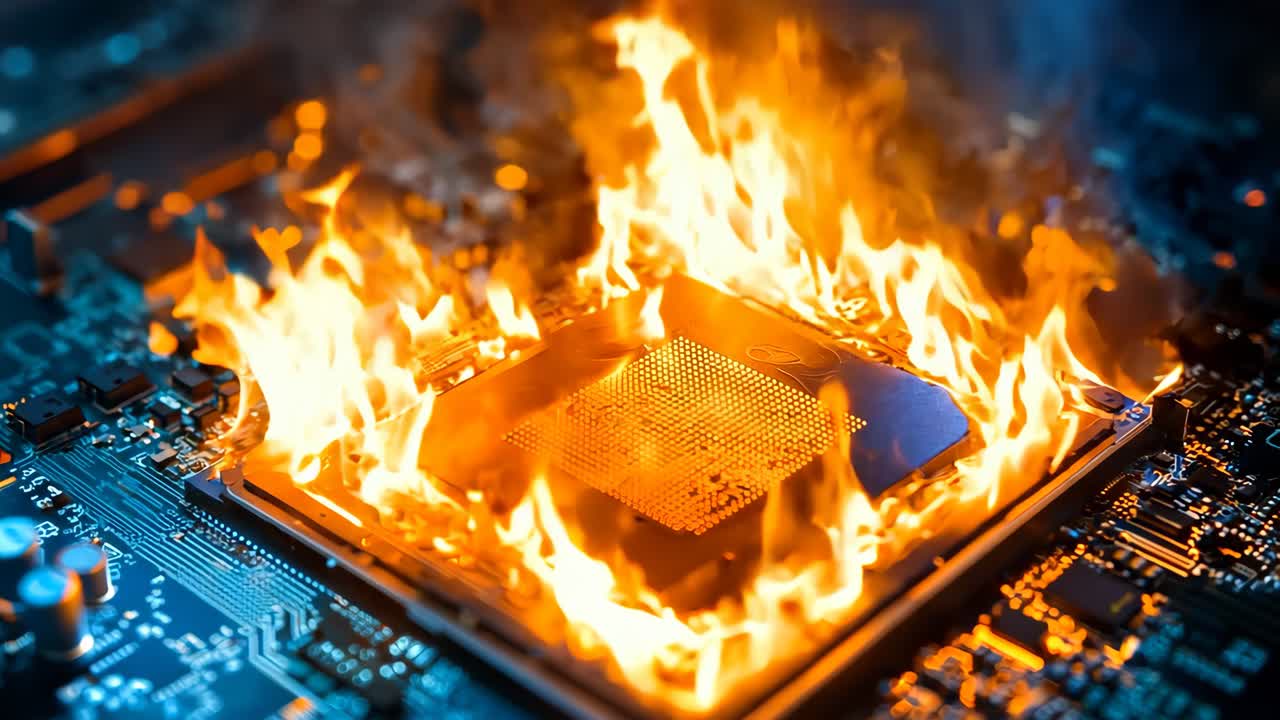 Et computerbundkort i brand med en cpu ovenpå