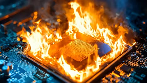 a computer motherboard on fire with a cpu on top of it