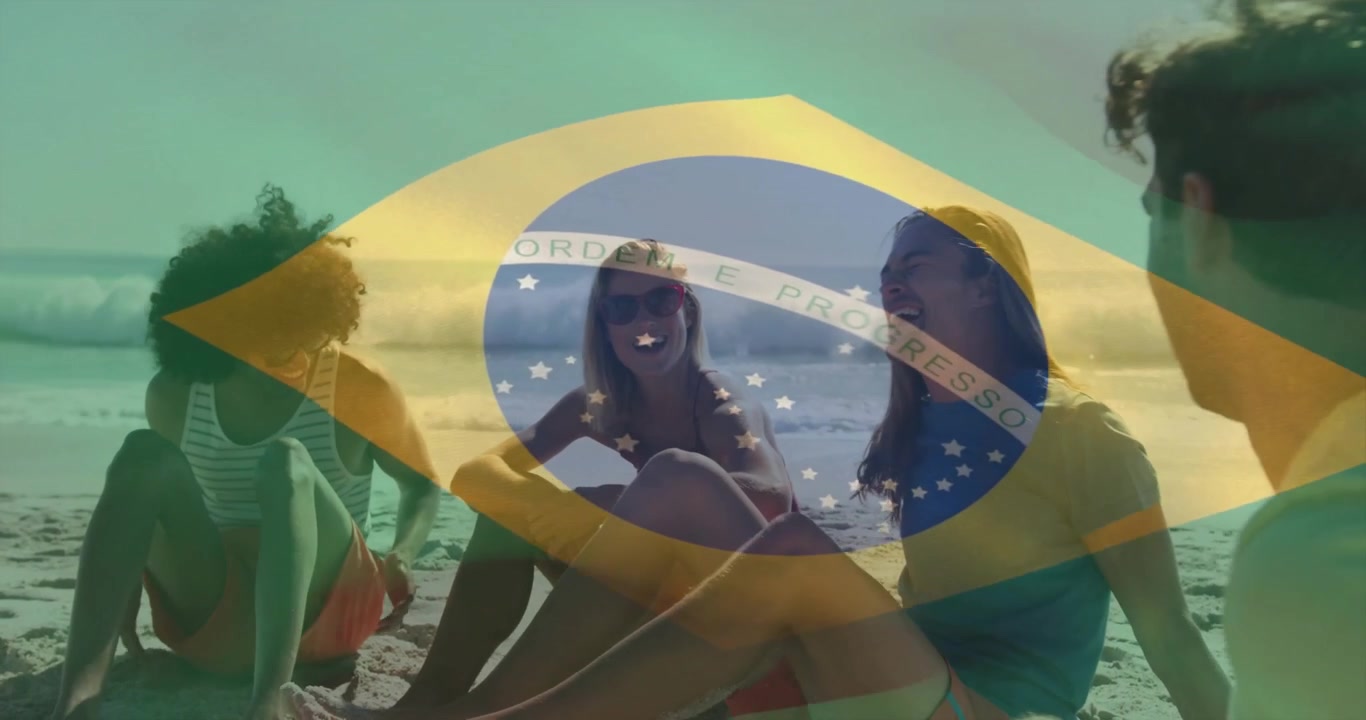 Se détendre sur une plage ensoleillée, personnes avec un drapeau brésilien en surimpression dans une scène d'animation