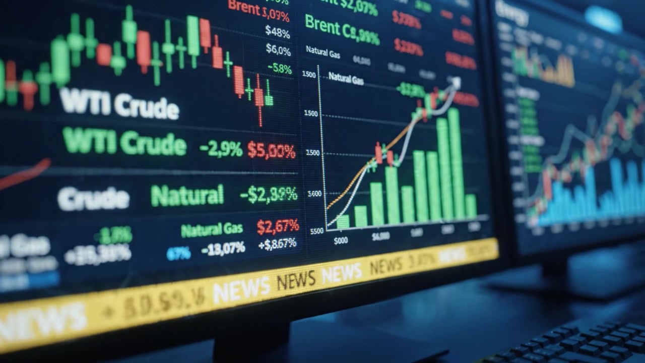Un'analisi dettagliata delle tendenze del mercato energetico visualizzata su più schermi, che mostra i movimenti dei prezzi del greggio WTI e del gas naturale nel tempo con rappresentazioni grafiche.