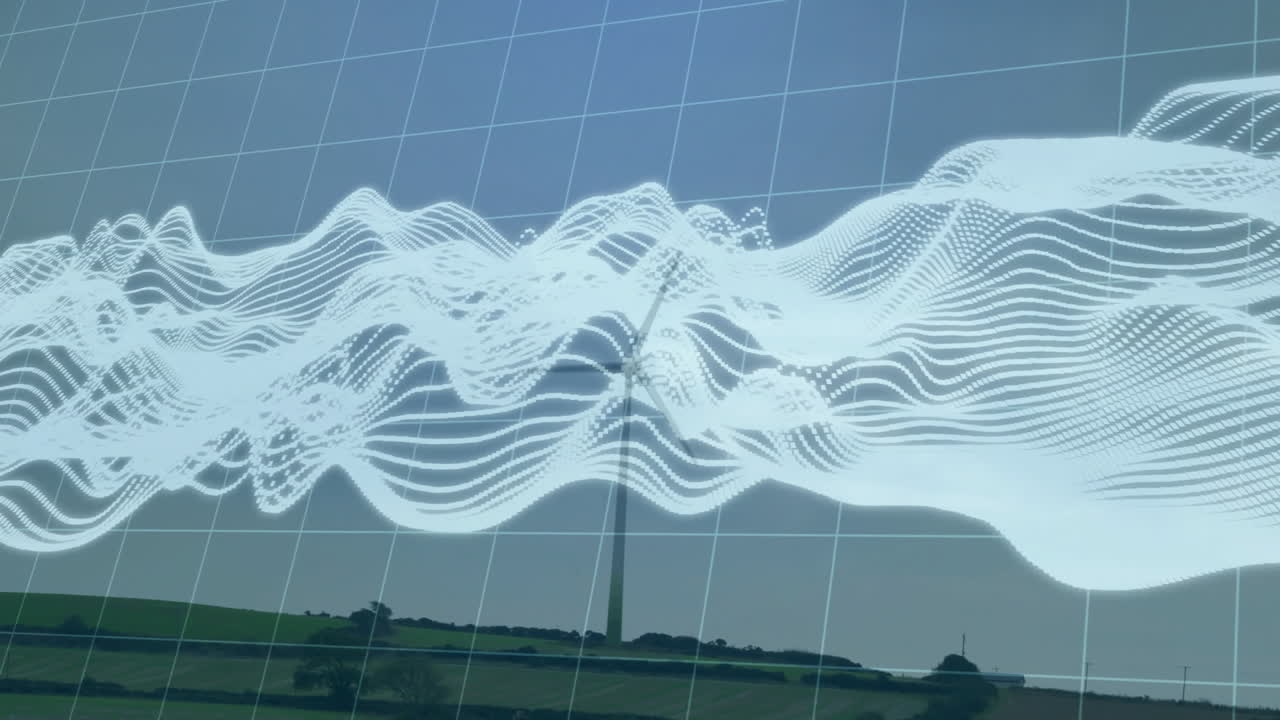 Wind turbine standing among fields while grid lines overlaying and digital waveform mapping wind