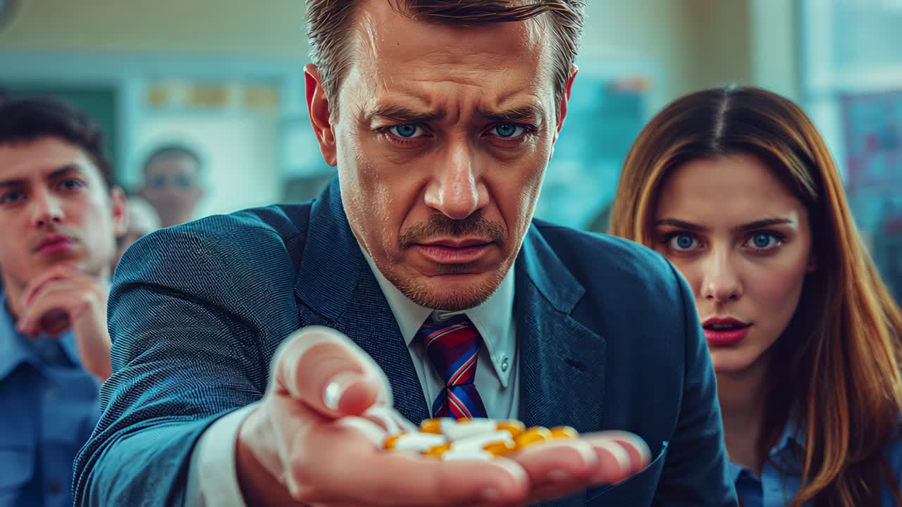 Offering man in suit and striped tie extending yellow-white capsules in classroom, demonstrating