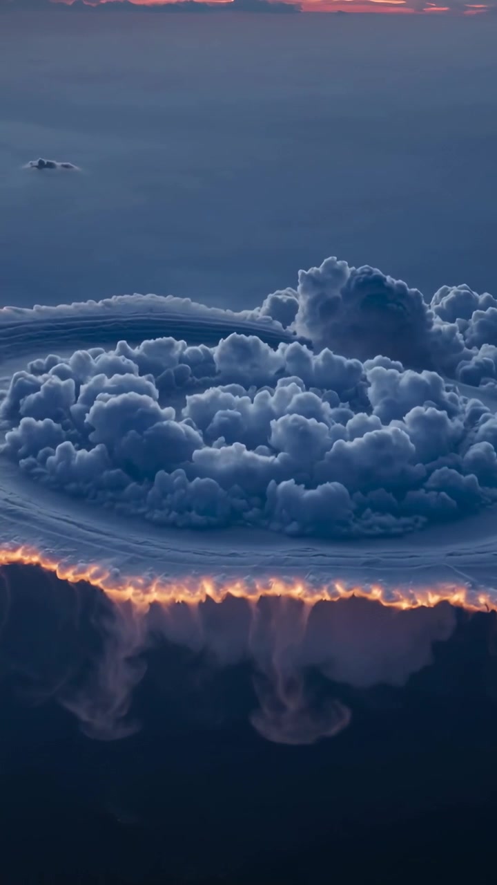 Video verticale: Mostra un disco di nuvole che si gonfia dal bordo riscaldato, trasformandosi in una torre di cumuli all'alba, con un bagliore.
