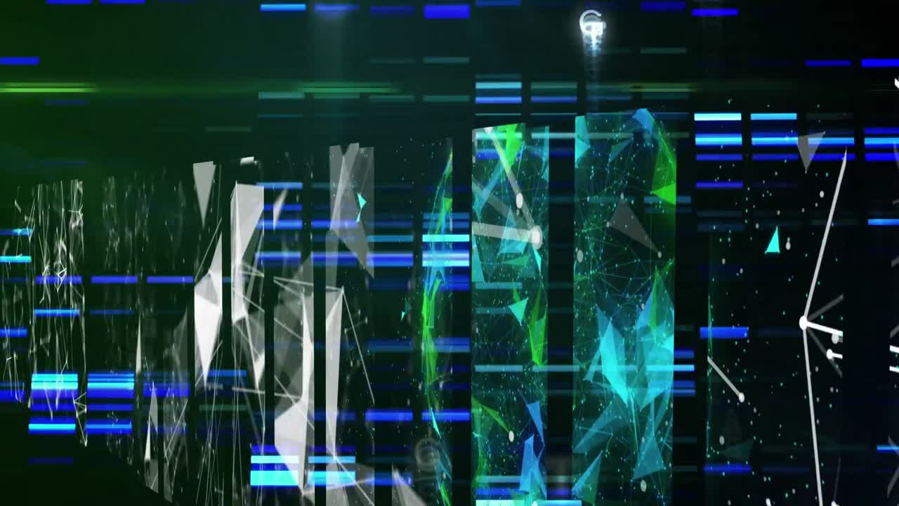 Animation of shapes and data processing over black background