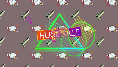 huge sale text against rocket and speech bubble icon