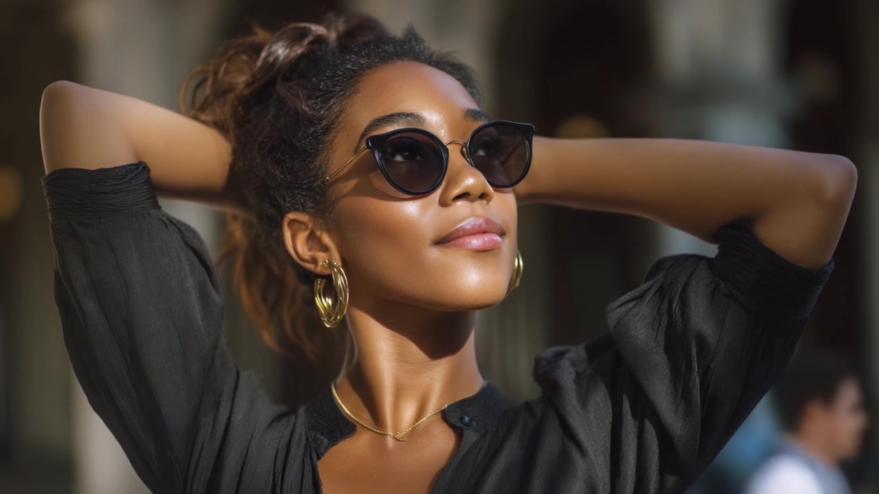 Captivating Elegance: A Radiant Individual Posing Confidently in Sunglasses with Poised Expression and Natural Beauty, Set Against an Urban Background
