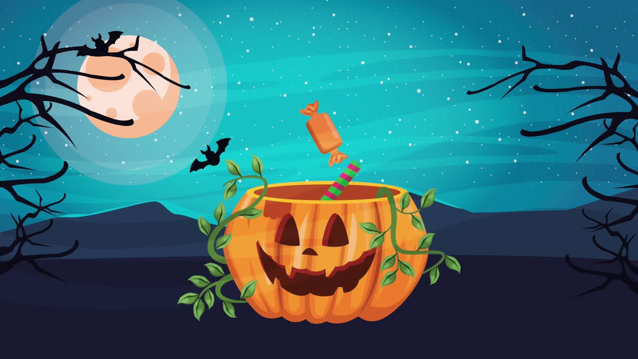 scena animata di halloween felice con caramelle di zucca di notte