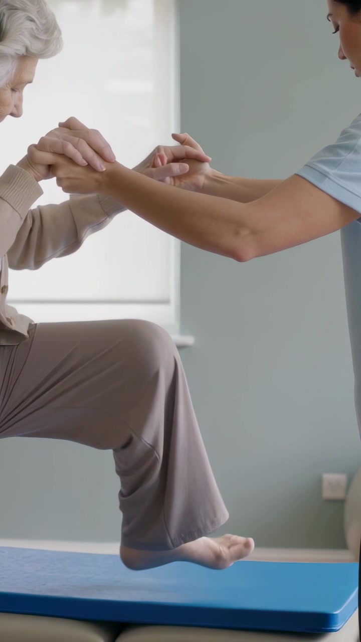 Video verticale: Anziano che posiziona il piede sul tappetino, con il fisioterapista che gli tiene le braccia per l'equilibrio in clinica, con spazio per il testo.