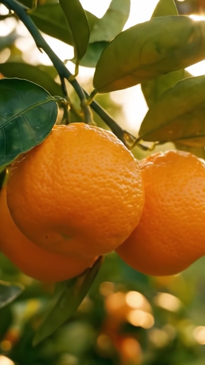 Agrumi Dorati: Un tramonto sereno su arance mature appese a foglie verdi vibranti, catturando l'essenza di un raccolto perfetto nell'abbondanza della natura.