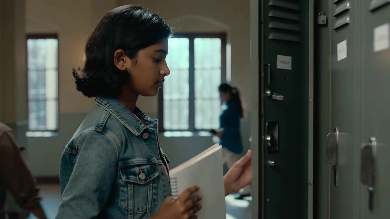 Peers passing urging denim-girl opening locker taking notebook tidying closing leaving school hall
