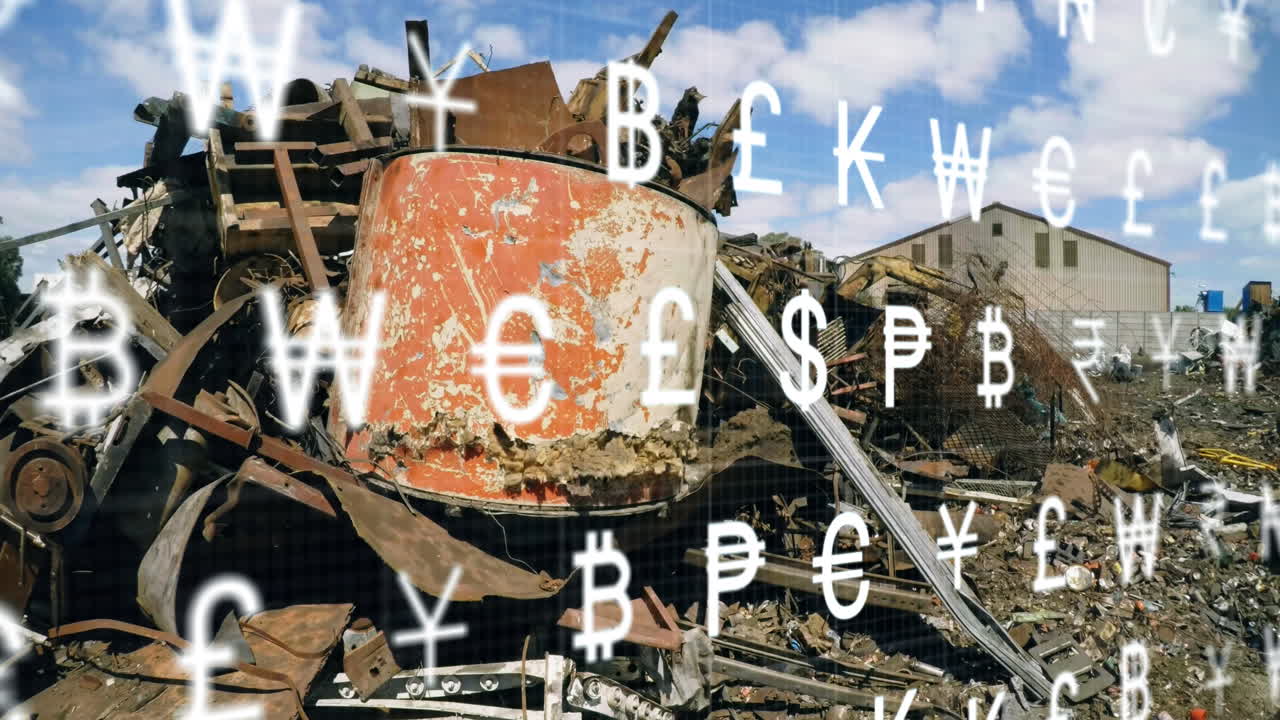 쓰레기장에서 산업용 금속 폐기물에 대항하여 여러 통화 기호를 가진 인터페이스의 애니메이션