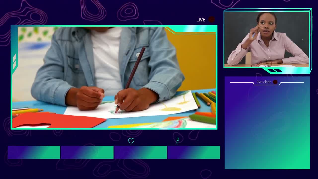 animación de una niña y un maestro teniendo una lección en vivo en línea con marcos azules