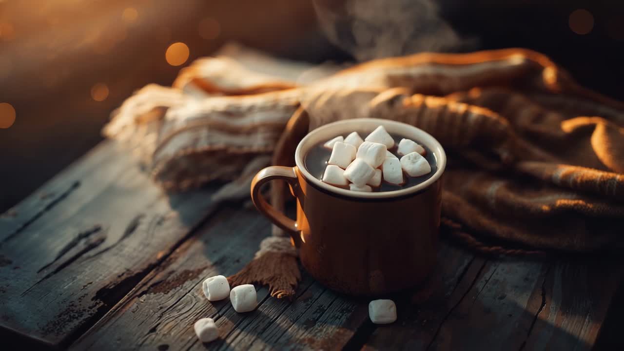 Shot revealing steaming ceramic mug releasing steam on table amid marshmallows, throw, bokeh lights