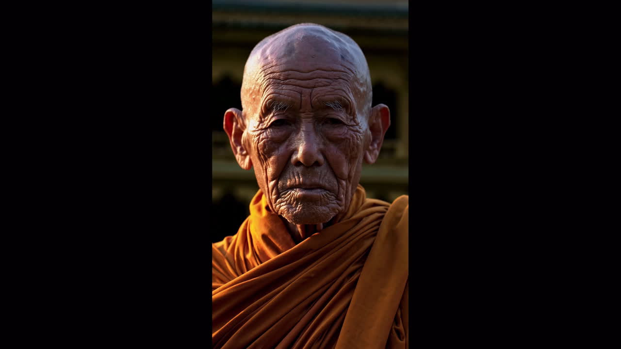 Buddhistmunk ved solnedgang i et gammelt tempel