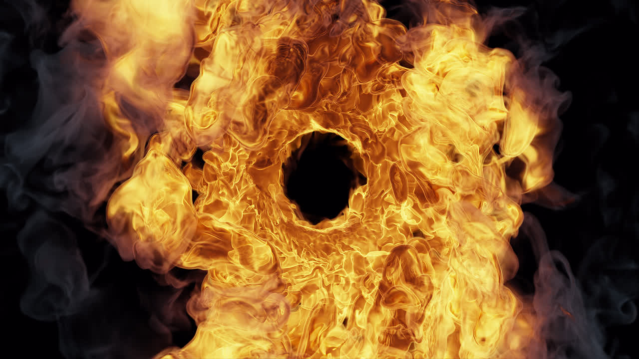 Esplosione di fuoco circolare astratta con fumo su sfondo nero