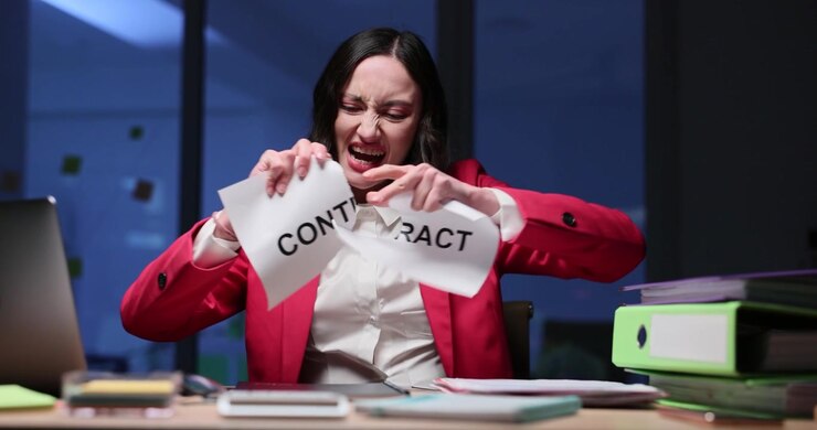 Businesswoman tears paper with word contract into uneven pieces