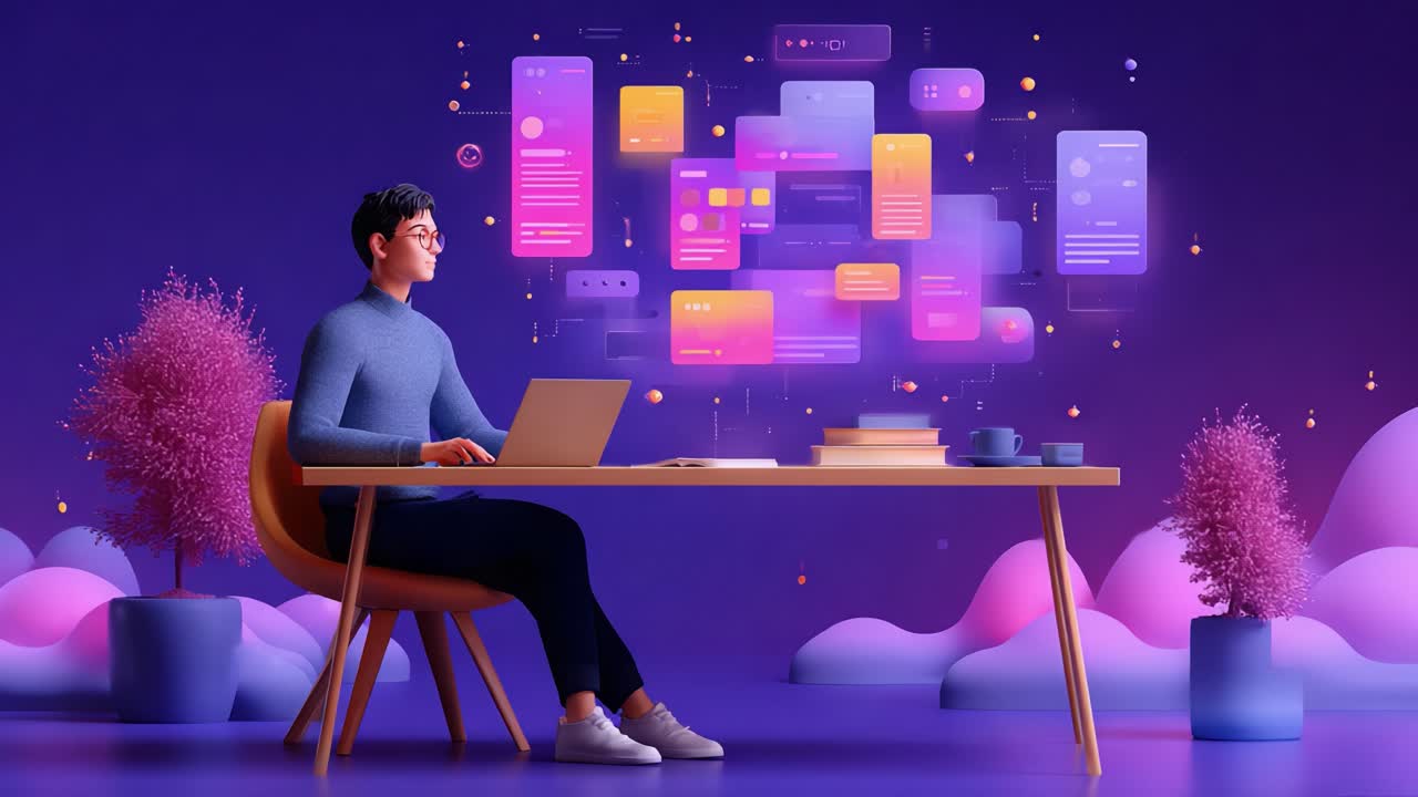 A person engaged in creative digital work, seated at a desk with a laptop, surrounded by vibrant holographic displays of user interfaces and colorful digital elements in a modern workspace