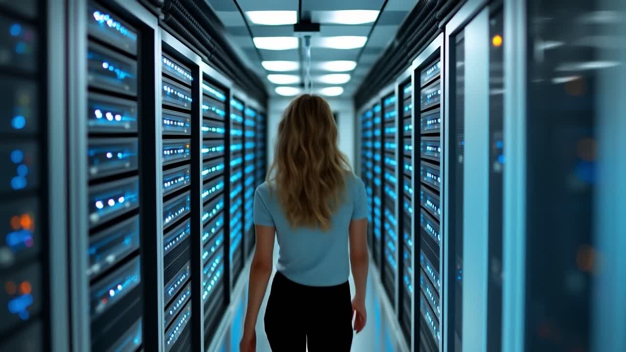 Exploring a modern data center facility. A woman walks through a high-tech data center, navigating rows of illuminated server racks and cables.