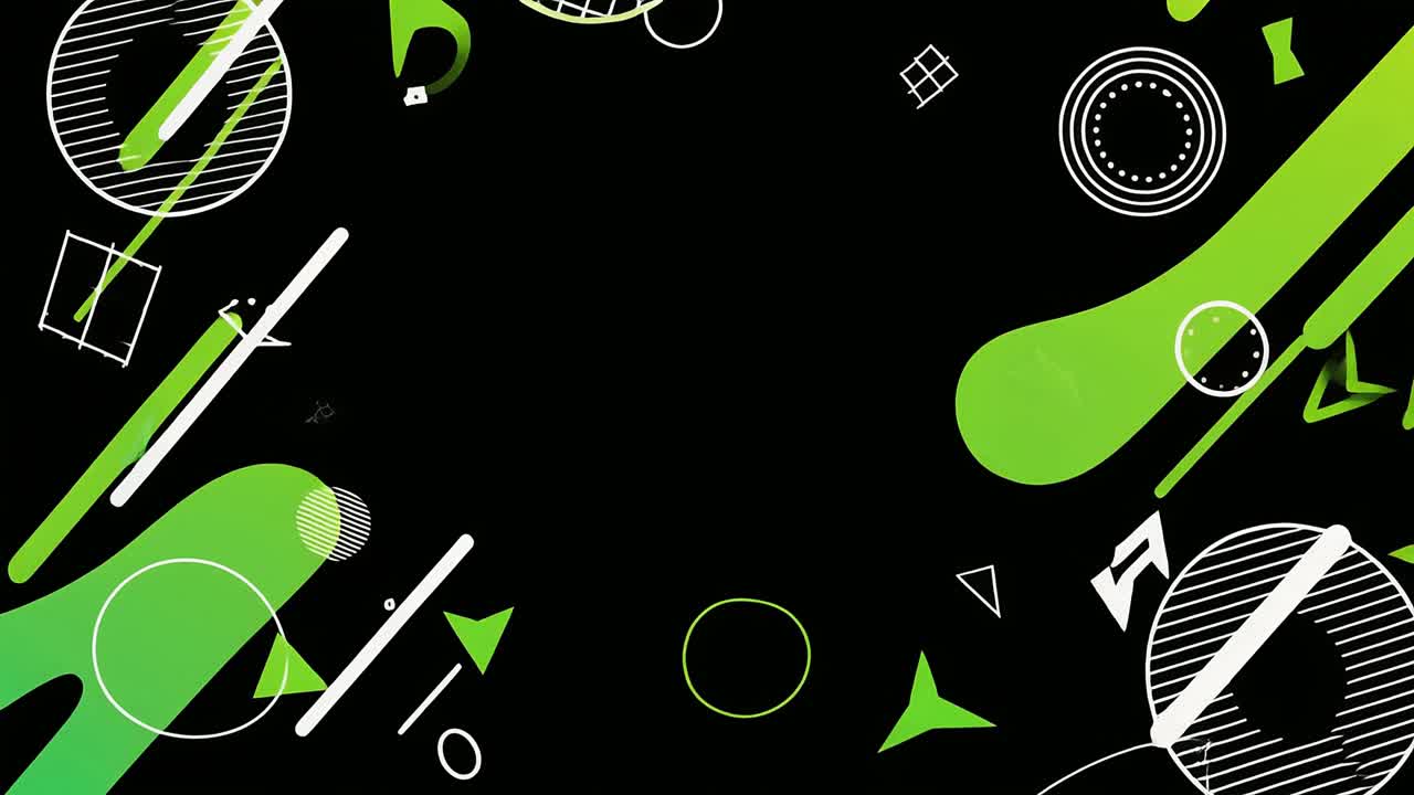 Forme geometriche dinamiche verdi e bianche su sfondo nero