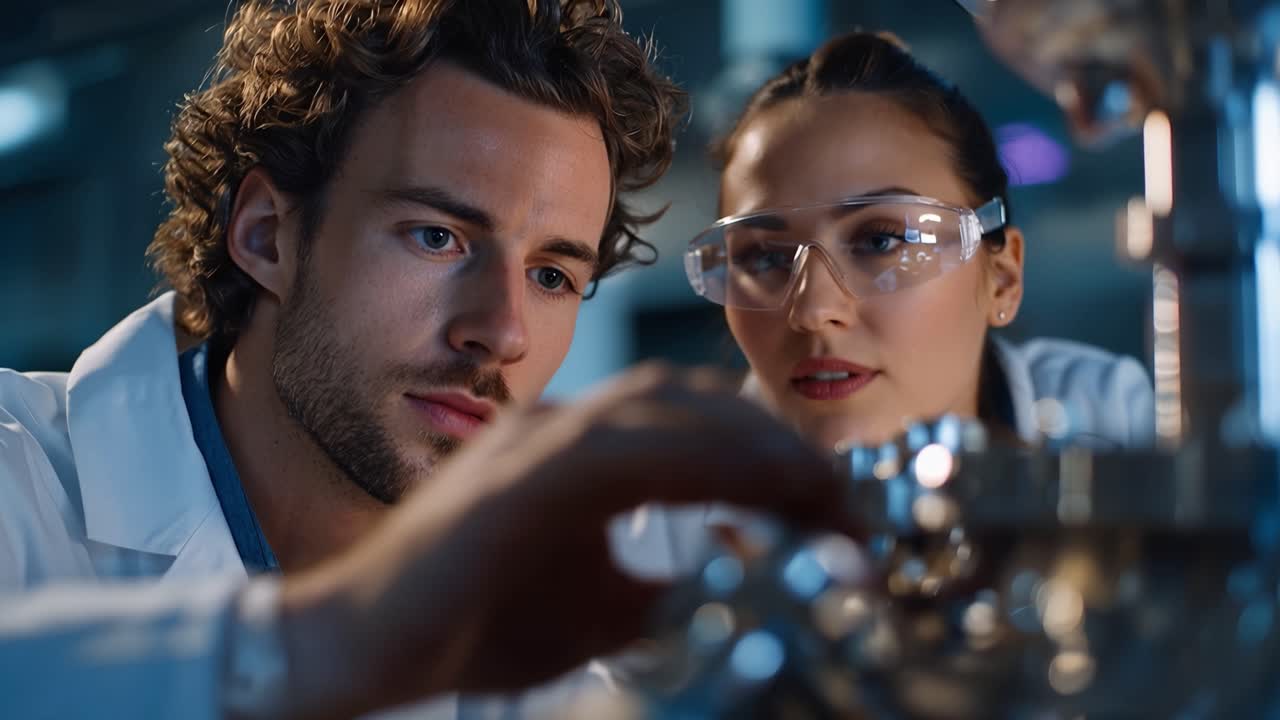 Focused scientists examine lab equipment together. Their eyes reflect intense concentration. Glasses gleam under the lab's cool lighting. Hands move carefully over glassware