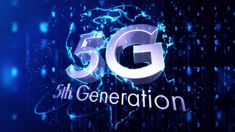 Animation-of-5g-5th-generation-text-over-glowing-globe-spinning-and-numbers-changing