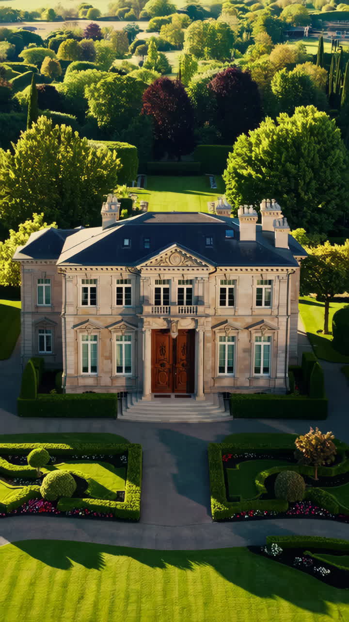 A grand, luxurious estate with expansive manicured gardens