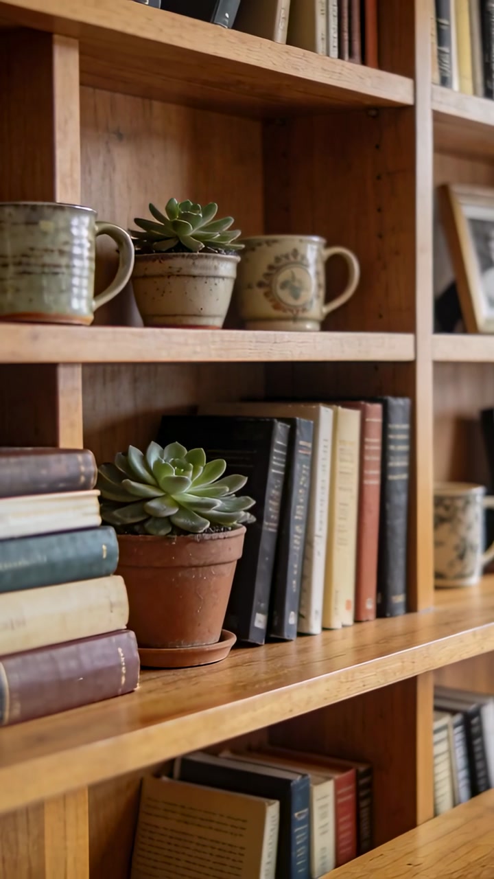 Vertical video: Panning camera across home shelf, showing terracotta pot, mugs, books for cozy mood