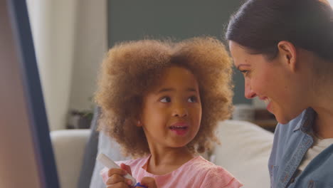 mother and daughter having fun drawing picture on whiteboard at home together