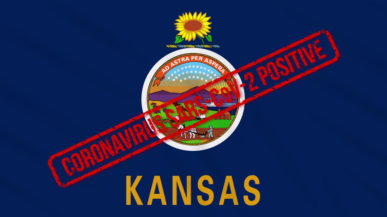Kansas US state swaying flag stamped with positive response to COVID-19, loop
