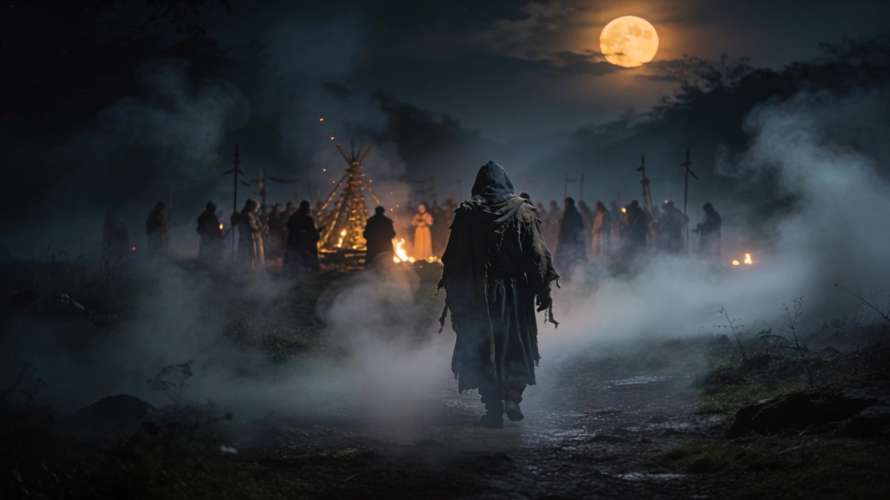 Figura incappucciata e ammantata che cammina lungo una brughiera illuminata dalla luna verso una pira rituale, attratta dalla luce del falò.