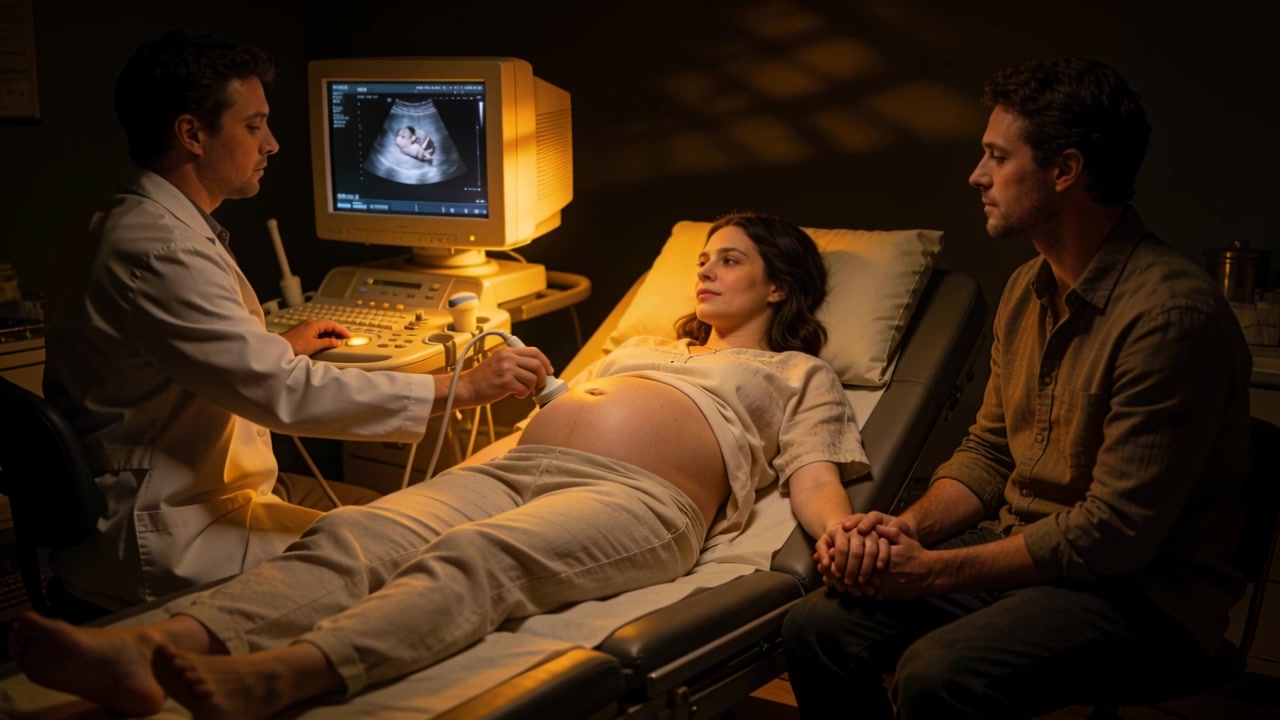 Clinico in camice posiziona la sonda, esaminando una donna incinta su un lettino da visita e controllando il bambino tramite monitor.