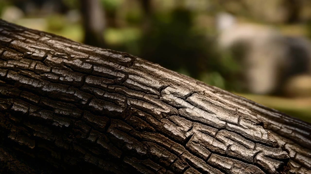Primo piano di corteccia d'albero ruvida su un tronco illuminato dal sole in un ambiente esterno.