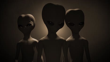 3d cgi vfx primer plano de tres extraterrestres grises estilo roswell clásico sobre un fondo retroiluminado sepia, de pie y mirando amenazadoramente a la cámara, con un ambiente atmosférico y ahumado