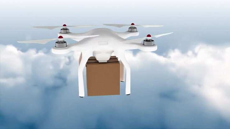 Drone flying in the sky carrying a box