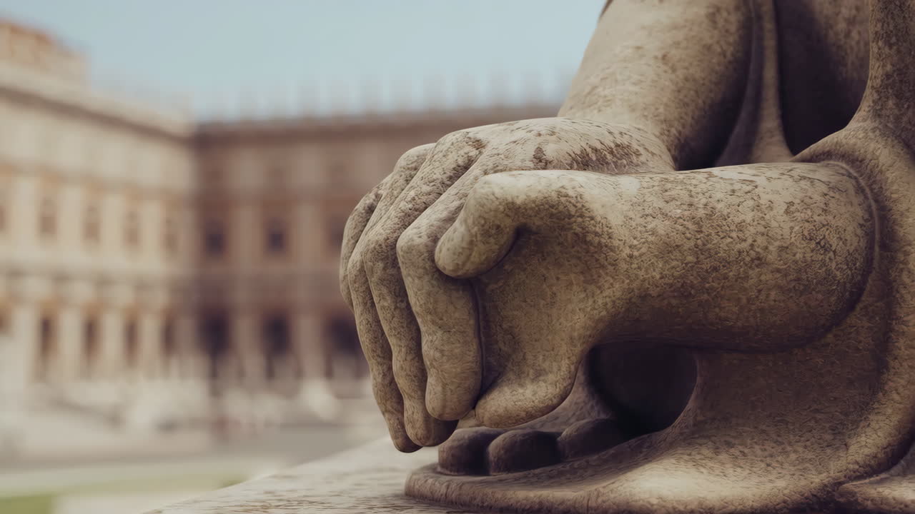 Close-up of Stone Statue Hands with Blurred Architectural Background