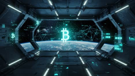 exploring the future of finance: a digital cryptocurrency in space amidst blinking stars and futuristic technology through a sci-fi window view
