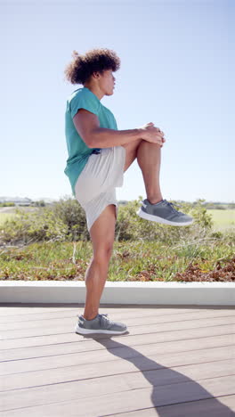 vertical video: a young biracial man stands on a wooden deck, blue sky background