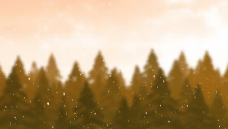 Animation-of-snow-falling-over-fir-trees-in-yellow